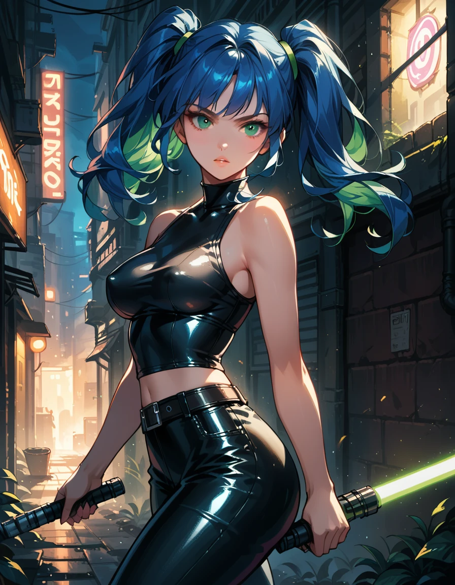 score_9, score_8_up, score_7_up, source_anime, rating_safe, 1girl, solo, sexy smuggler jedi, confident look, green eyes, medium breasts, futuristic city alley, midnight, darkness, neon signs, bare shoulders, bare arms, (blue hair, twin_tails:1.2), holding green lightsaber, attack stance, long hair, green sword, covered nipples, (black latex top and latex pants:1.1), belt, focus on breasts, dramatic lighting, dim lighting.