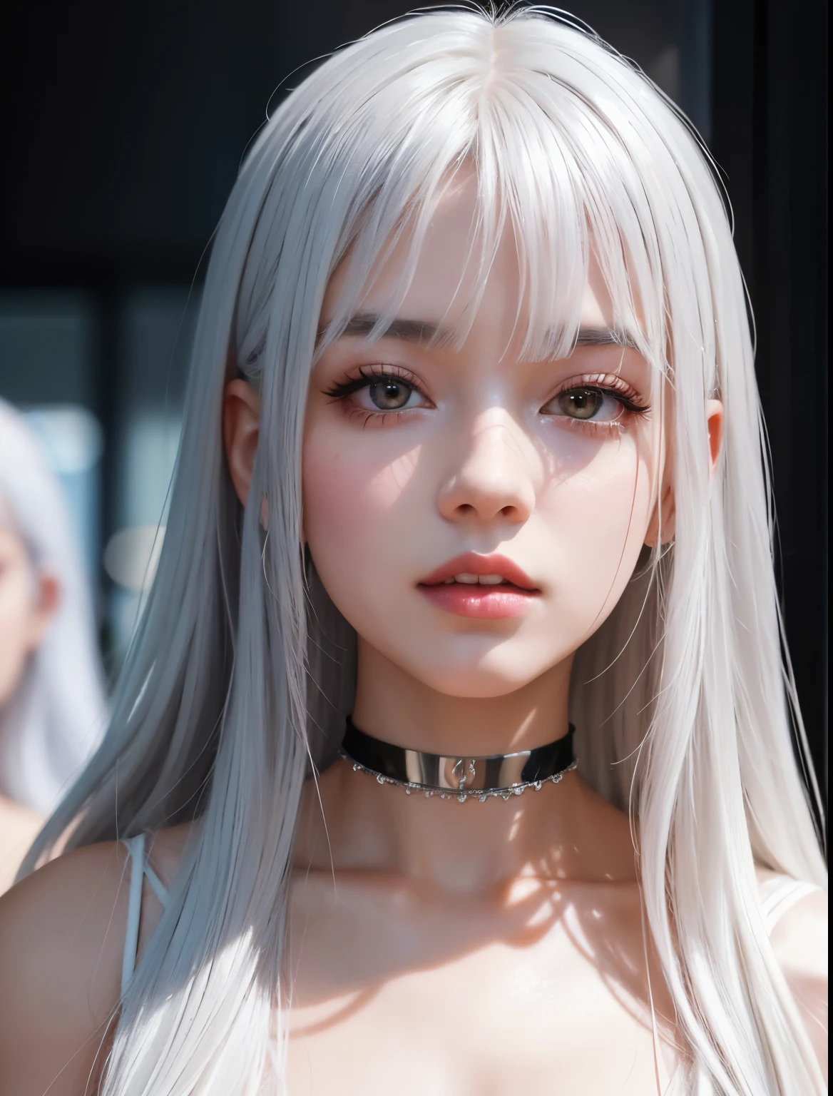 Close up of a long haired woman wearing a choker, girl silver hair, Soft portrait photos 8K, Works inspired by Yanjun Cheng, flowing silver hair, kpop idol portrait, white hair color, silver hair girl, silver hair, Blackpink Joshi'portrait, 8K portrait rendering, silver hair (ponytail), silver hair, light gray hair