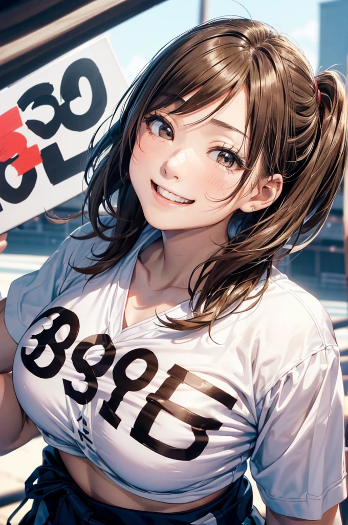 On the boxing ring, an energetic Japanese round girl is smiling and holding up a signboard above her head, (an energetic Japanese round girl holding a sign with a large '300' written on it:1.5), realistic, high-definition photo.