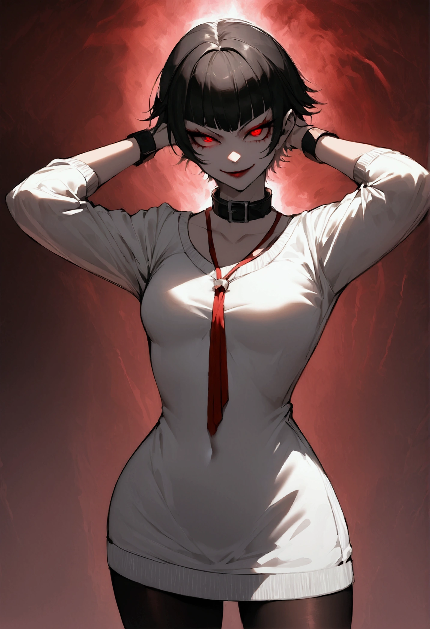 standing,alone,short hair,work of art,face detailed,young fitness linda,Wearing black pantyhose,tight white sweater with collar ,neckleace,evil smile,red eyes glowing,labiaa,eye shadow,bangs on the eyes,Hands behind the head ,Raby,nullified,tempest