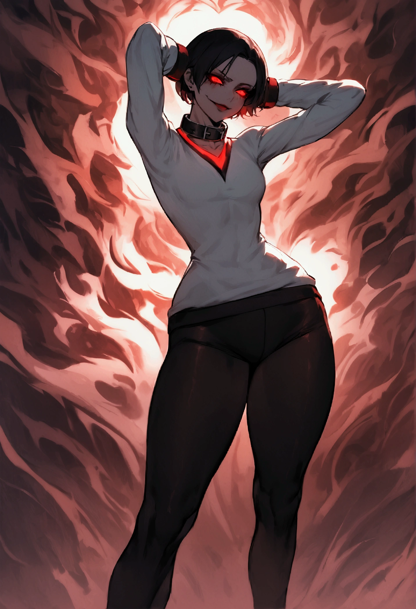 fully body,standing,alone,short hair,work of art,face detailed,young fitness linda,Wearing black hose,tightter with collar ,neckleace,evil smile,red eyes glowing,labiaa,eye shadogs on the eyes,,sexy ass,Perfect Anata,clo fists,black gloves
