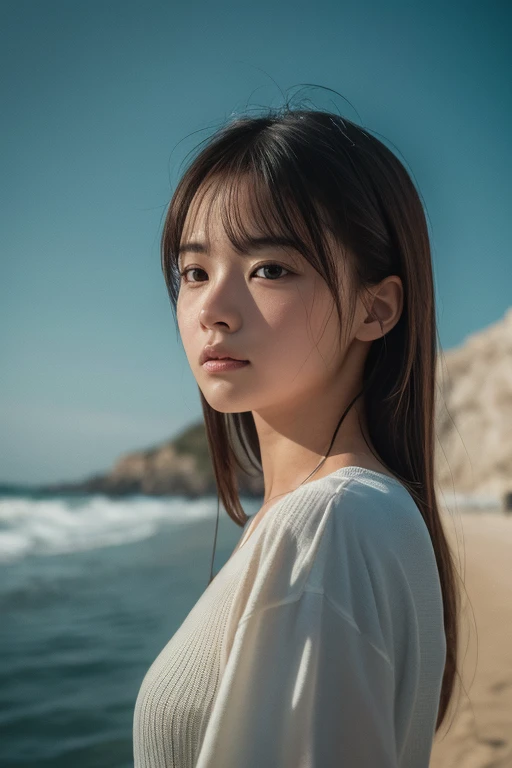 8k, Highest quality, masterpiece, Ultra-high resolution, (Realistic:1.4), RAW Photos, (Film Grain:1.3), one person&#39;s, Portrait of a thin Japanese woman, 22 years old, Stand on the beach, Cute Face, Detailed face, Detailed eyes, {short|length} hair, correct body anatomy, Wearing a swimsuit, Photo engraving、smile、smile