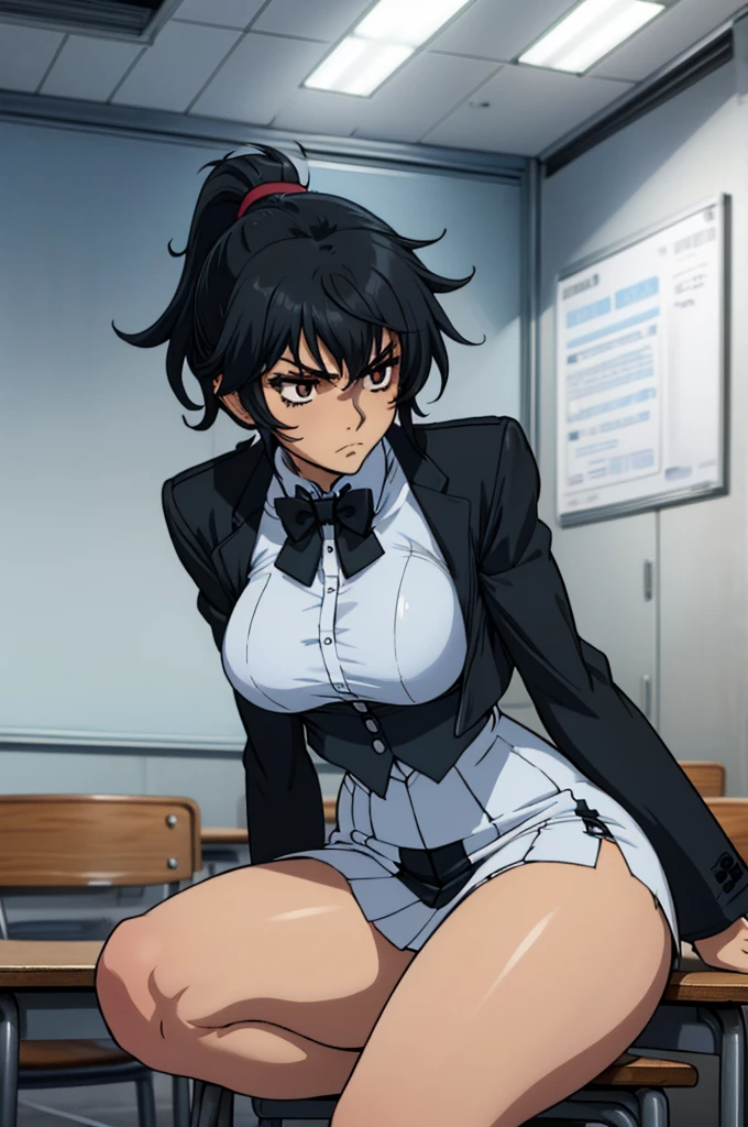 closed mouth, (), ((1girl)), (((genderbend))), (((female))), wide hips, thick thighs, huge breast, narrow waist,  ((school uniform)), ((white shirt)), ((blue bowtie)), ((school full of people)) (black short skirts), (((black jacket))), ((anime artstyle)), long eyelashes, long black hair, bored , (((at day))), ((ponytail)), in a classroom