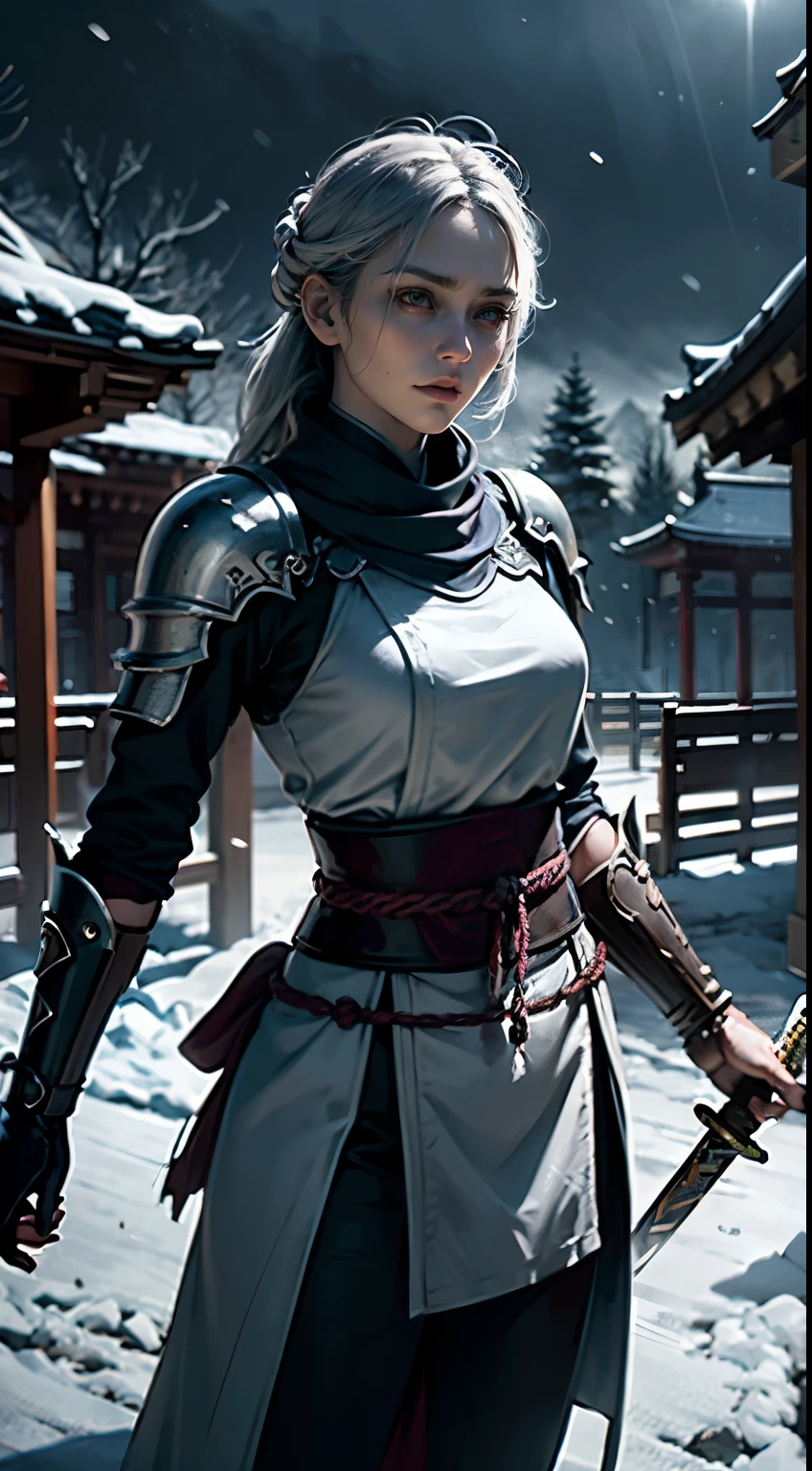 A female swordsman, 28 years old, Japanese sword, stance, moonlight, snow, chaos, (masterpiece, best quality, extremely detailed CG Unity 8K wallpaper, highest quality, best illustration, best shadows), (photorealistic, photo-realistic:1.37), (realistic:1.2), dramatic lighting, cinematic, moody atmosphere, intricate details, vivid colors, dynamic pose, intense expression, snowflakes, dark background, magical, mystical, ethereal
