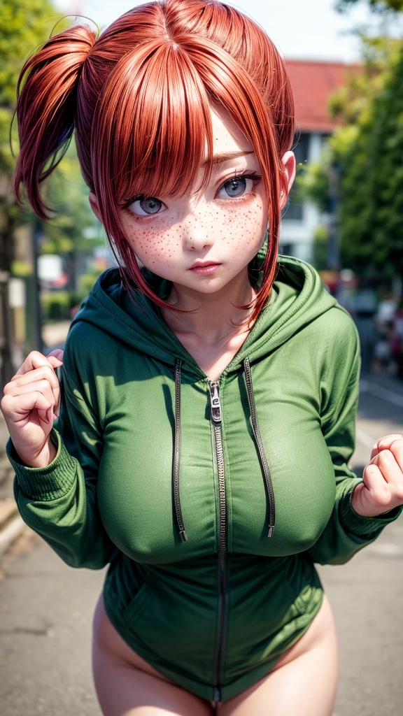 (masterpiece),best quality, expressive eyes, perfect face, freckles face,red hair ,perfect body, Big breast,A girl wear green hoodie,zip open, village background, amandamanopo,