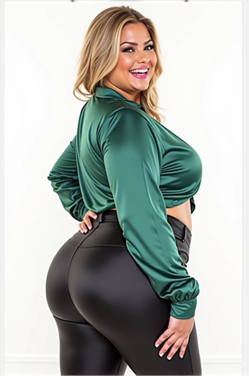 beautiful plus sized model pulling down the rear of her pants to expose her bare ass, long blonde hair, green satin blouse, black satin pants, big butt, thick lips, black pants, chubby face, showing her teeth off, big front teeth, pulling down the rear of her pants to expose her bare ass, bare asscheeks showing