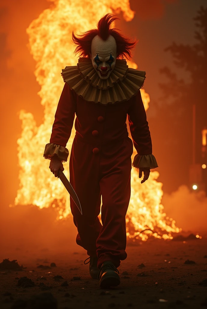 Le film d'horreur 100 Tears présente le clown Gurdy avec un couteau et des flammes en arrière-plan.