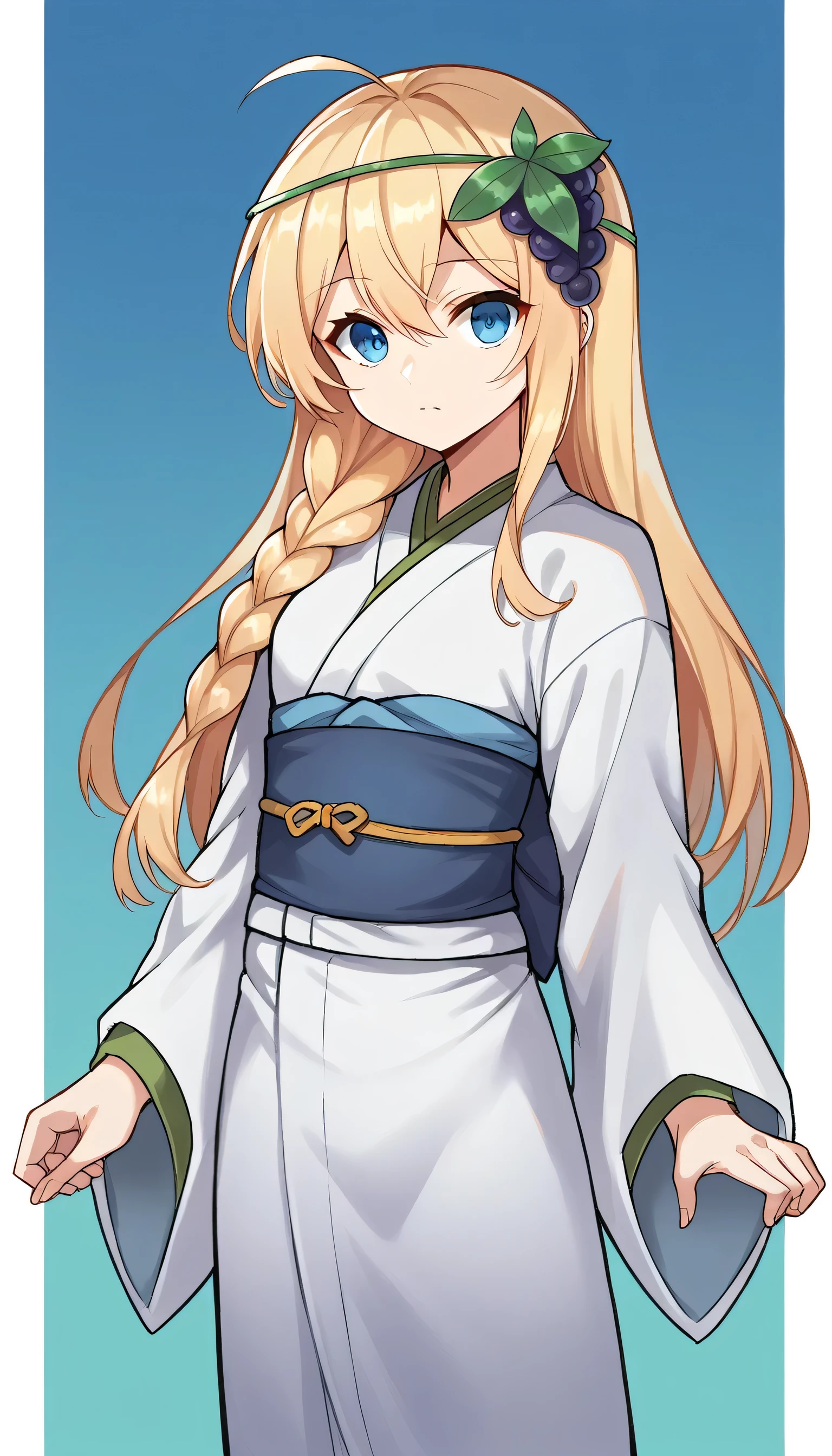 1girl, solo, japanese clothes, sash, kimono, bangs, looking at viewer, obi, gradient,belzerg stylish sword iris,,1girl, solo, blonde hair, long hair,hair between eyes, blue eyes,ahoge, single braid, hair ornament,grapes,