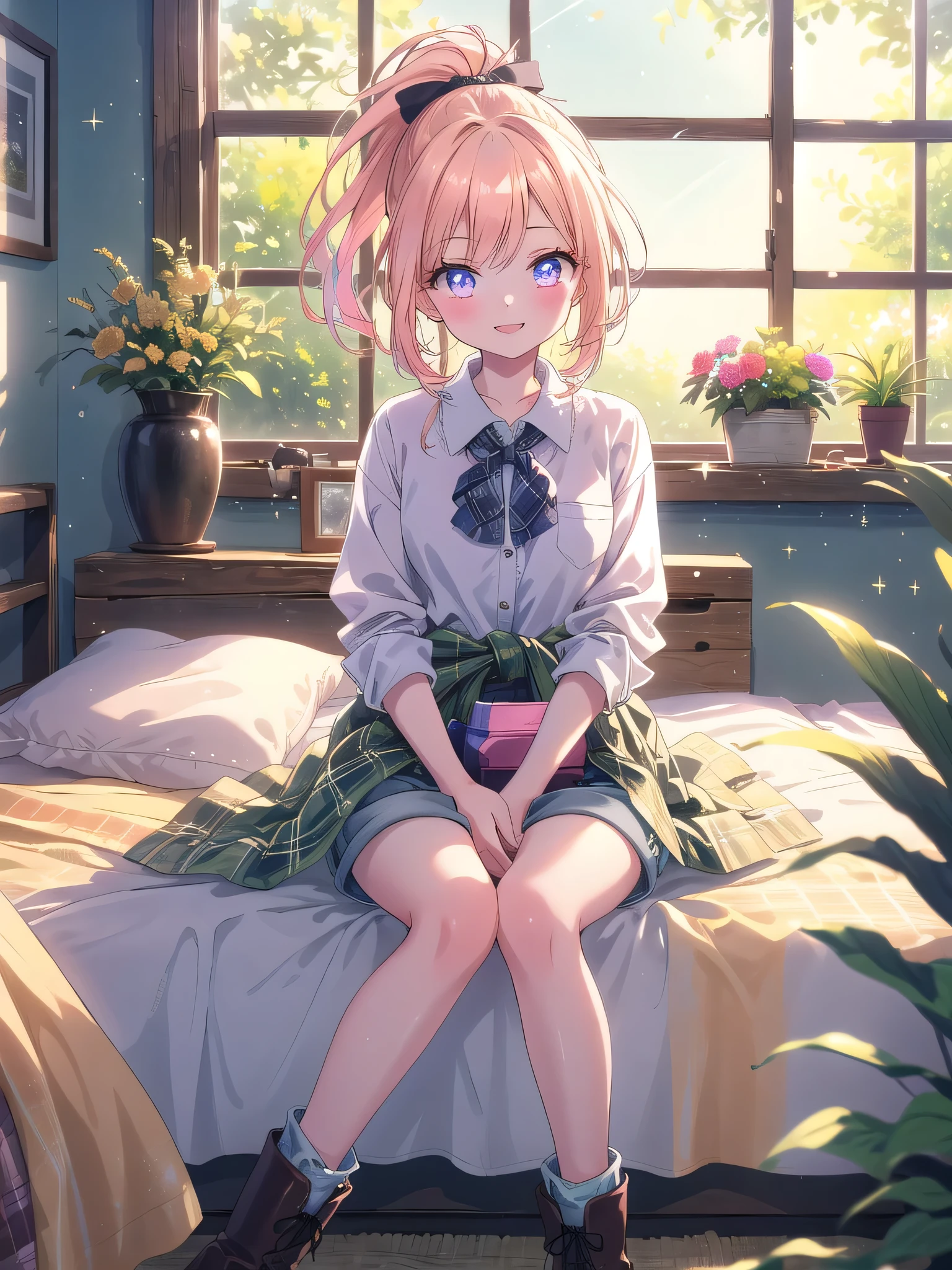 ((8k, Highest quality, masterpiece: 1.3)),Ultra-high resolution,(1 girl, alone), (Color changing eyes, Ultra-detailed, Expressive brilliance, Glitter, Glowing Eyes), Highly detailed eyes, Highly detailed face, Random Hair, ((pastel colour)),A cheerful young woman with pastel peach-colored hair styled into a simple ponytail, sitting on her bed in her sunlit bedroom during a bright morning. She is dressed in a cute yet subtly sexy farm girl cosplay, wearing a plaid button-up shirt tied at the waist, denim shorts, and a pair of ankle boots. The camera captures her from a slightly low angle as she smiles warmly, holding a small basket of flowers in her lap, her expression full of simple joy and contentment. The room is bathed in natural sunlight, with a few potted plants on the windowsill, a rustic quilt on the bed, and a peaceful, countryside atmosphere.