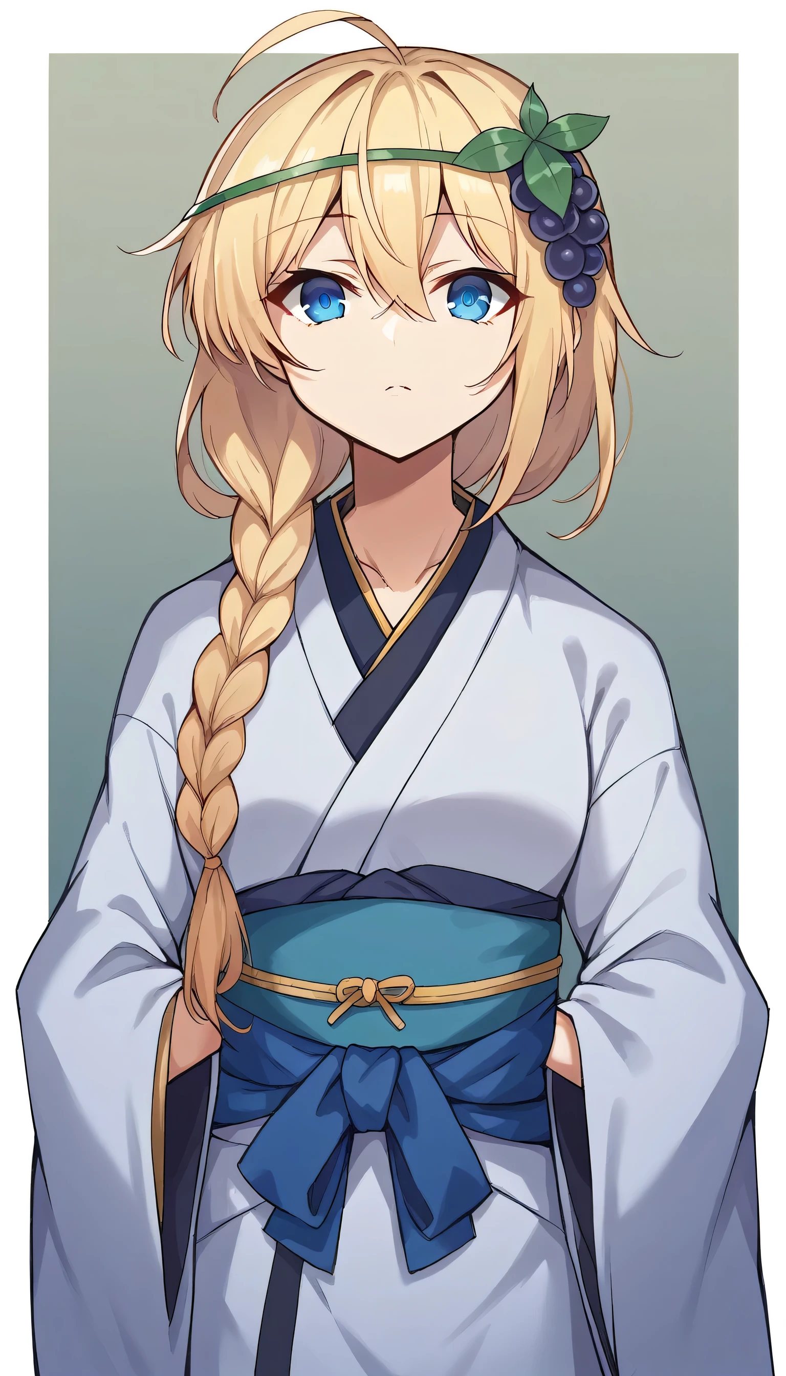 1girl, solo, japanese clothes, sash, kimono, bangs, looking at viewer, obi, gradient,belzerg stylish sword iris,,1girl, solo, blonde hair, long hair,hair between eyes, blue eyes,ahoge, single braid, hair ornament,grapes,