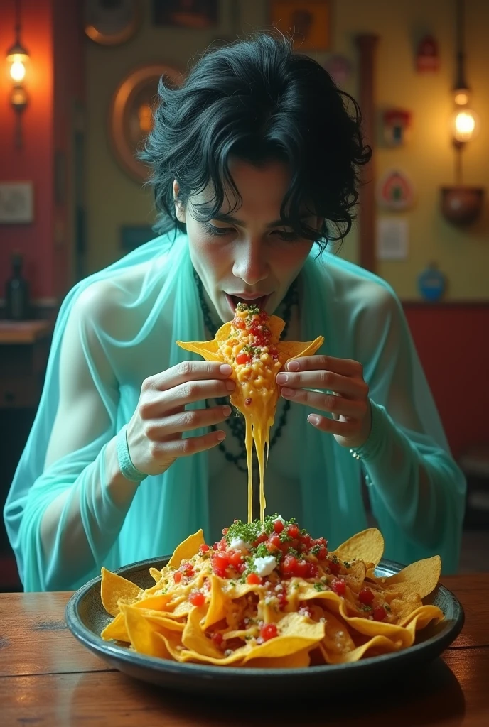 A mexican good looking ghost eating nachos.