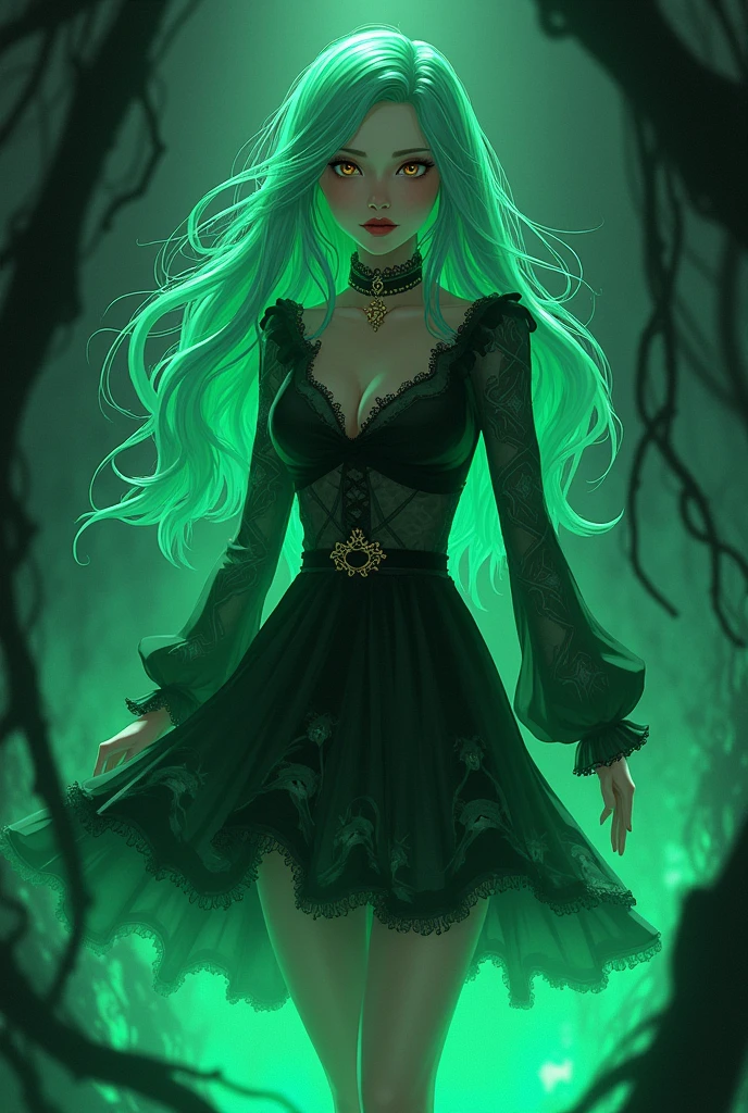 In Hell, Olivia appears with long, flowing jade green hair that shimmers like her favorite color. Her attire consists of a stylish yet cozy dress adorned with lynx patterns. She has warm, inviting eyes that radiate kindness, in Hazbin Hotel style.