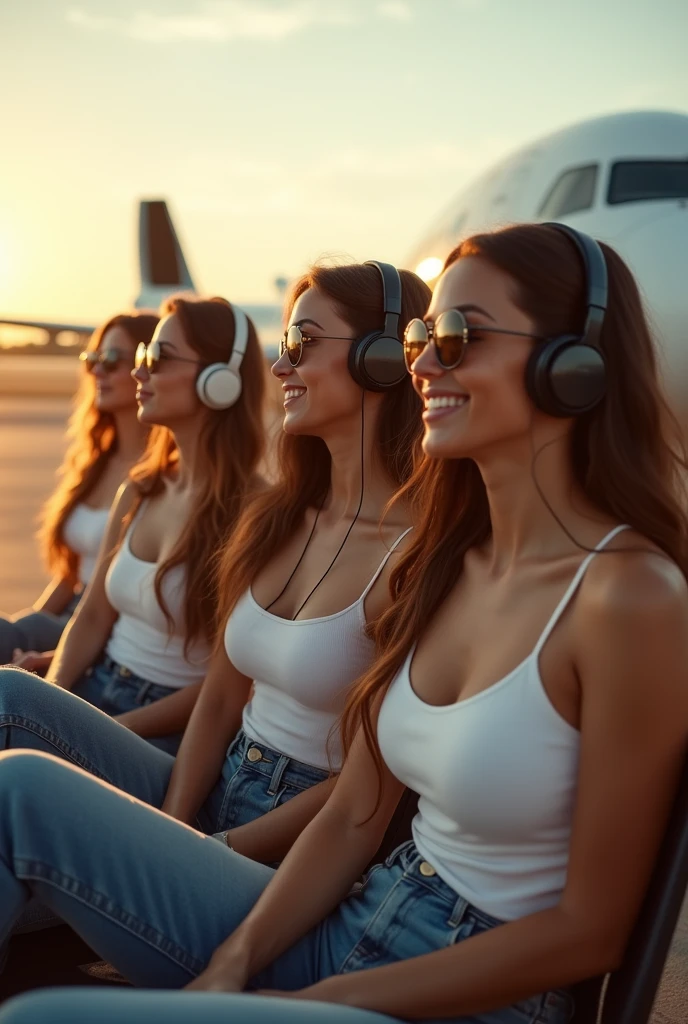 detailed, concentrated, Professional lighting, Very beautiful women(curve body), outside airport next to the plane, long hair, curve body, wearing white shirts and jeans, sun glasses, headphones, sitting inside the plane, feeling happy.