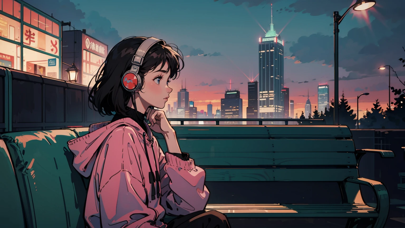 Highest quality, 8k, 1990s style, A 21-year-old girl, Black Hair, Medium Hair, Light brown eyes, City Pop, pants ,Relaxing on a park bench at night, whole body, The background is a park at night,Headphones、A cute profile that is fitting for a girl