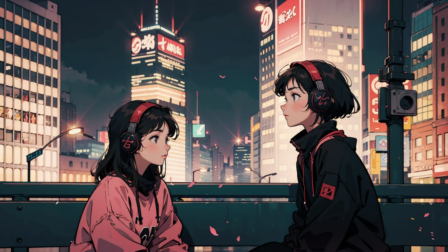 Highest quality, 8k, 1990s style, A 21-year-old girl, Black Hair, Medium Hair, Light brown eyes, City Pop, pants ,Relaxing on a park bench at night, whole body, The background is a park at night,Headphones、A cute profile that is fitting for a girl