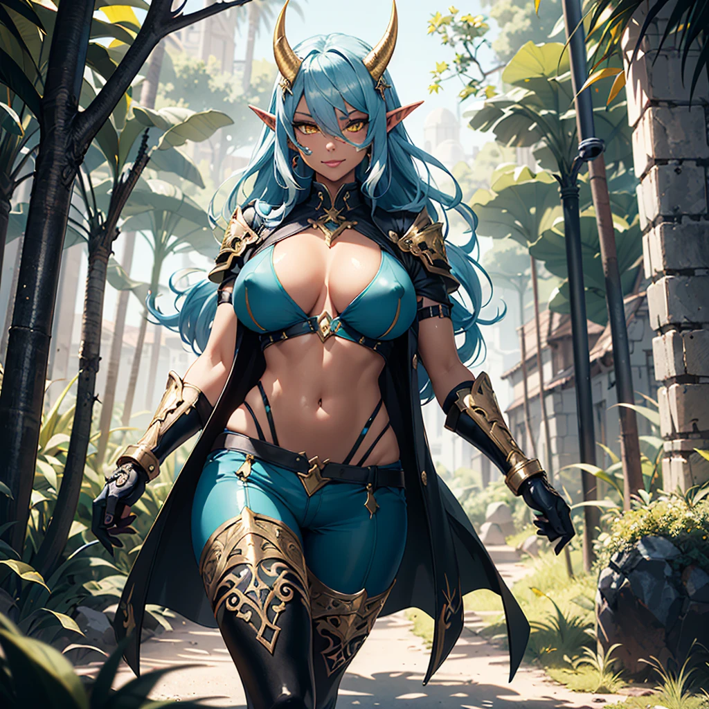 ((best quality)), ((masterpiece)), (detailed), 1 women big pornstar dark barbarian class, 8k_wallpaper, extremely detailed eyes, (large masterpiece digital art), (intricate details:1.3 ), (ultra-detailed:1.3), (sharp focus:1.3), (natural lighting:1.05), (vivid colors:1.3), (best quality:1.4), high quality, expressive eyes, full body, detailed face, beautiful face, perfect face, ((hair sandy white curls)), ((gold horns)), (gold eyes), {{dark skin}}, ({dark skinned female}), big breasts, huge chest, powerful relief muscles of the abdomen and legs, powerful strong muscles of the arms, belly piercing with blue emeralds, cruel predatory and cold-blooded arrogant look and smile, an open blue coat with rolled up sleeves, a translucent yellow crop top very clear outlines of huge pointed nipples with large piercings under the fabric, steel combat pauldrons, steel bracers and leather gloves, leather shorts, walks along the path against the backdrop of a ruined elf village and flowering vines and wild forests, style dark fantasy and adventure fantasy world,