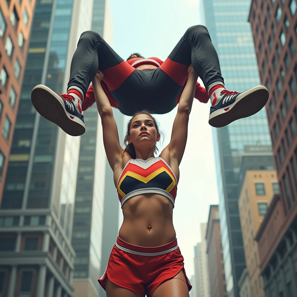 Beautiful Girl lifting a man high over her head with her strong arms. She is standing on a street with tall buildings in the background. Teenage girl wearing cheer attire. Caucasian. Blonde. Smiling. Ultra realistic, photorealistic 