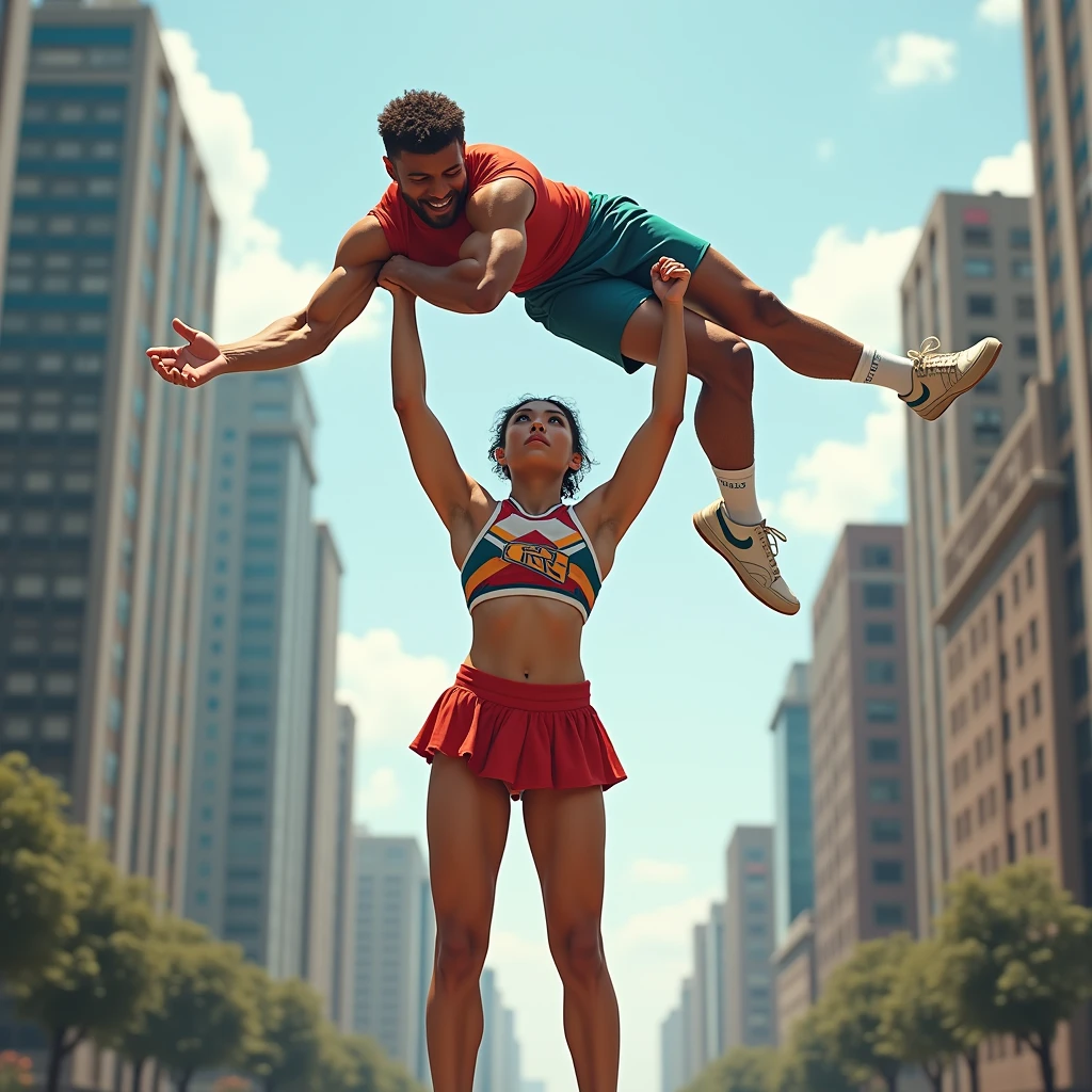 Beautiful Girl lifting a man high over her head with her strong arms. She is standing on a street with tall buildings in the background. Teenage girl wearing cheer attire.