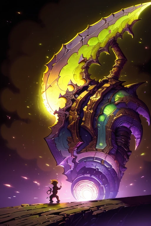 A Giant Troll holding A behemoth of a metallic huge axe in his hands. The Axe vibrant hues glowing. The colossal tool's enormous size renders passersby as mere ants scurrying about its base, their tiny forms dwarfed by the massive structure.