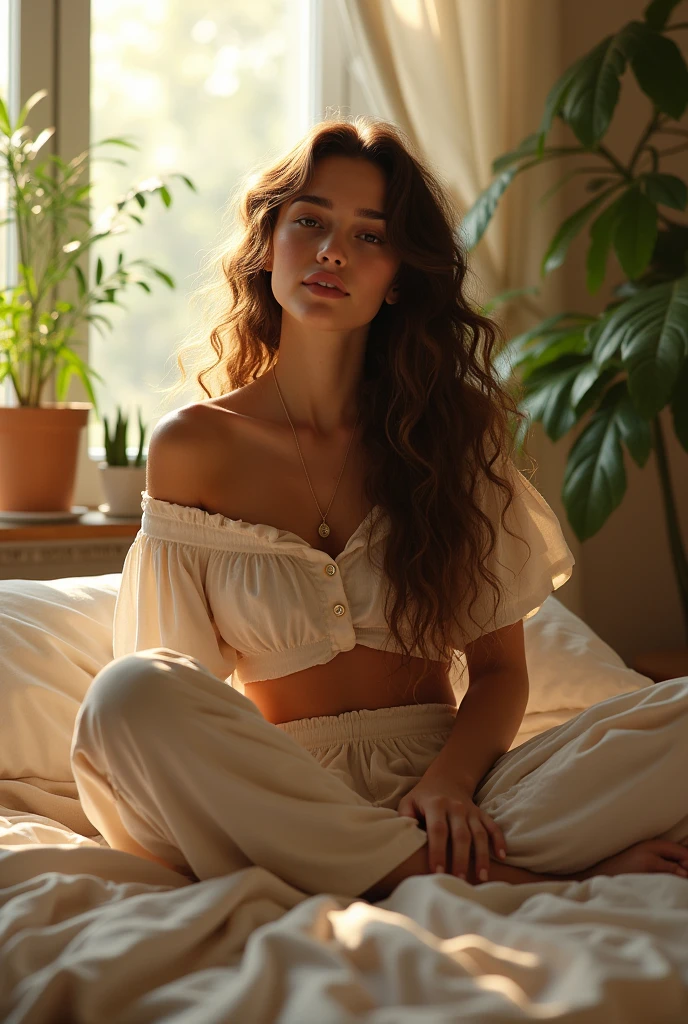 (photorealism:1.2), beautiful woman, sitting on bed, wearing loose off-shoulder top, pajama pants, long curly hair, indoors, soft lighting, plants in background, window with sunlight, cozy room, relaxed pose, realistic, intricate details, warm colors, by Greg Rutkowski, by Alphonse Muchas