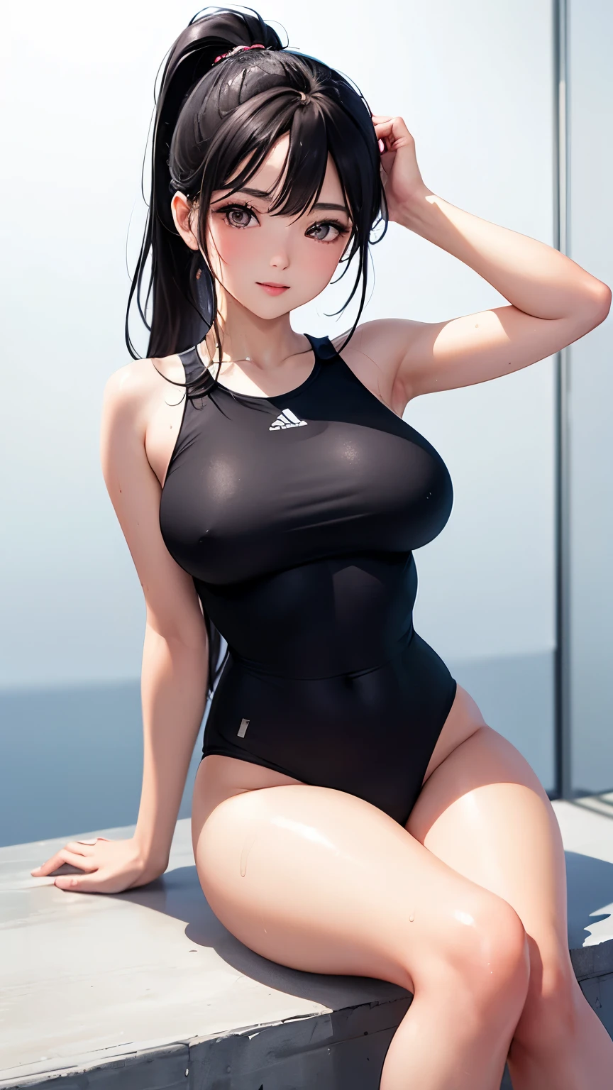 Masterpiece, Top quality, Ultra high resolution, ((Sportswear)), Japanese woman, Double eyelids on both eyes, Natural smile, Very beautiful 23 years old, Cute girl, Looking at the photographer, (()), Beautiful low ponytail, Super cute face, Legs up, Glossy lips, Natural makeup, Bridge posture, Hips sticking out, Long eyelashes, Transparent, Shiny silky hair, Center image, Perfect limbs, Perfect figure, Wet with sweat,