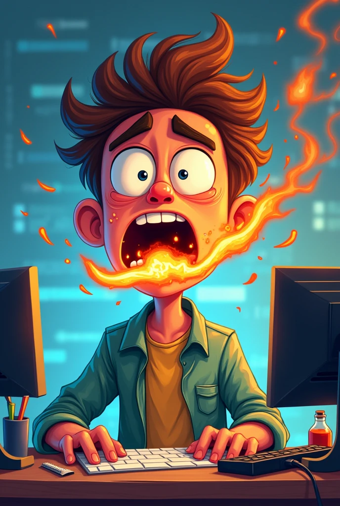 spicy programmer in a cartoon where the programmer has fire coming out of his mouth or the impression that he ate something spicy
