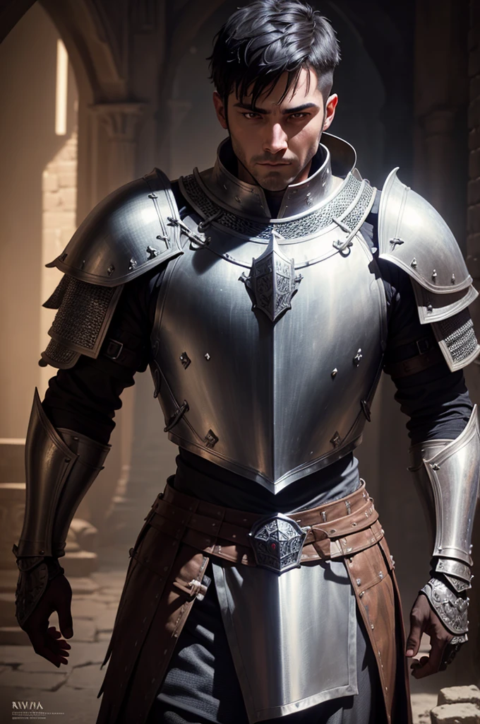 intricate medieval knight, realistic detailed portrait, 1 man, medieval armor chainmail, short black hair, looking straight ahead, rpg character, hyper detailed, dramatic lighting, cinematic, volumetric lighting, photorealistic, 8K, masterpiece, best quality