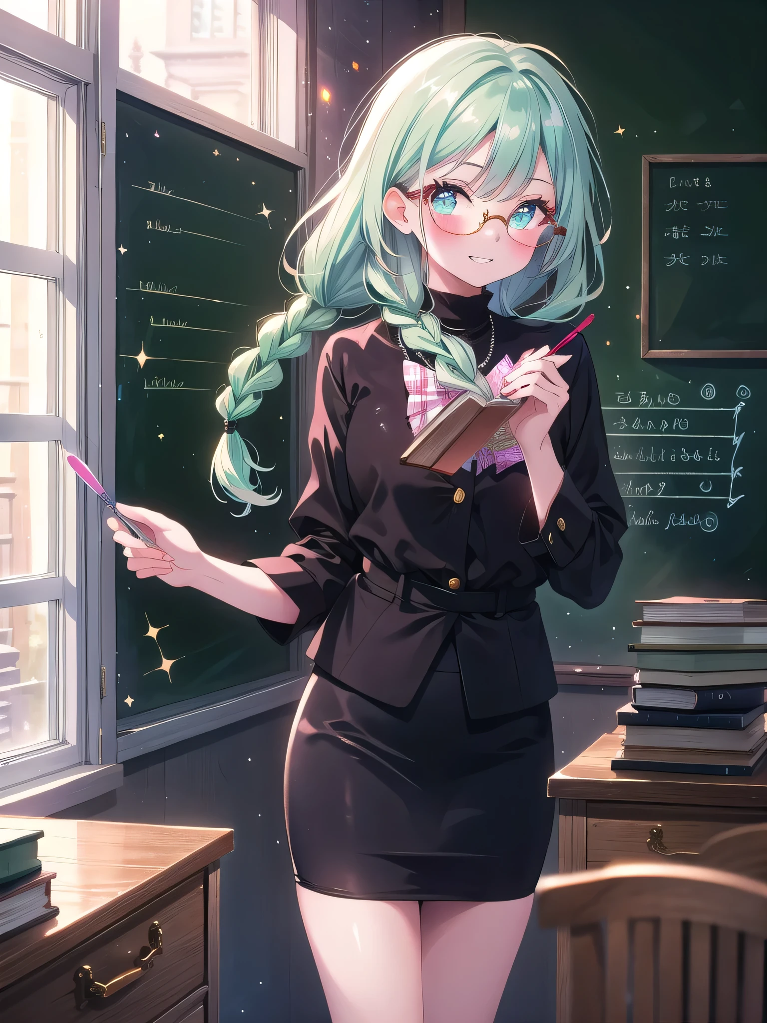 ((8k, Highest quality, masterpiece: 1.3)),Ultra-high resolution,(1 girl, alone), (Color changing eyes, Ultra-detailed, Expressive brilliance, Glitter, Glowing Eyes), Highly detailed eyes, Highly detailed face, Random Hair, ((pastel colour)),A lively young woman with pastel mint-green hair styled into twin braids, standing by her desk in her softly lit bedroom during a quiet afternoon. She is dressed in a modest yet subtly sexy schoolteacher cosplay, wearing a knee-length pencil skirt, a tucked-in blouse, and a pair of stylish glasses. The camera captures her from a frontal angle as she holds a chalkboard pointer with a playful grin, her expression full of warmth and approachability. The room is warmly lit by the afternoon sun, with a small bookshelf filled with books, a chalkboard on the wall, and a welcoming, educational atmosphere.
