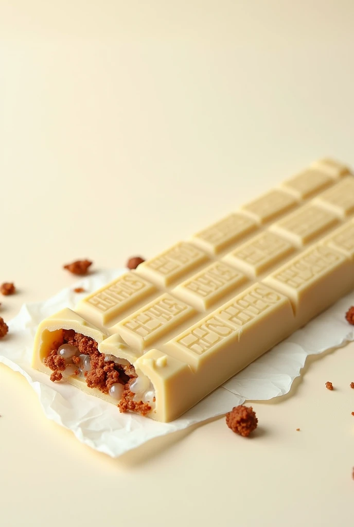 create a horizontal packaging for the product: white chocolate with pieces of brown and red crispies and write on the packaging "Hersheys"
