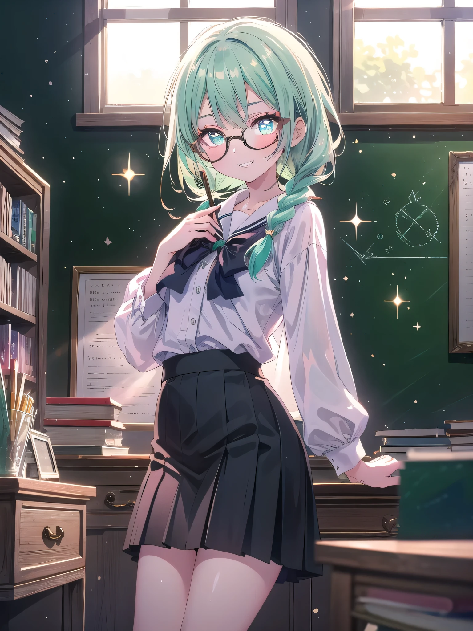 ((8k, Highest quality, masterpiece: 1.3)),Ultra-high resolution,(1 girl, alone), (Color changing eyes, Ultra-detailed, Expressive brilliance, Glitter, Glowing Eyes), Highly detailed eyes, Highly detailed face, Random Hair, ((pastel colour)),A lively young woman with pastel mint-green hair styled into twin braids, standing by her desk in her softly lit bedroom during a quiet afternoon. She is dressed in a modest yet subtly sexy schoolteacher cosplay, wearing a knee-length pencil skirt, a tucked-in blouse, and a pair of stylish glasses. The camera captures her from a frontal angle as she holds a chalkboard pointer with a playful grin, her expression full of warmth and approachability. The room is warmly lit by the afternoon sun, with a small bookshelf filled with books, a chalkboard on the wall, and a welcoming, educational atmosphere.
