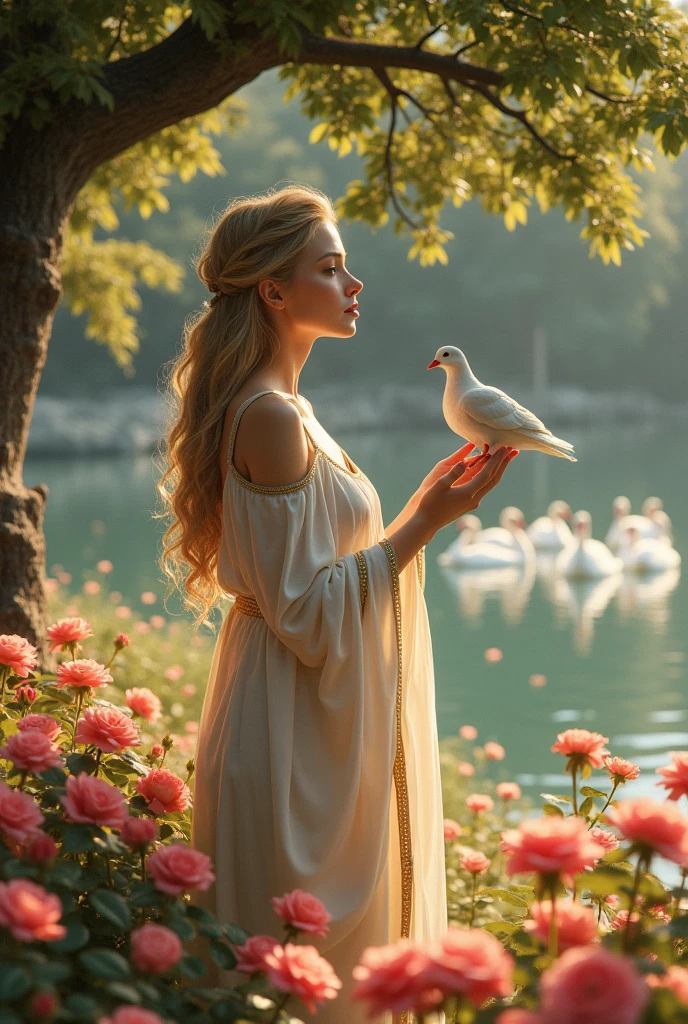 (photorealism:1.2), beautiful woman, under a tree with a dove on her arm, wearing loose greek dress white and gold blonde hair, soft lighting, field of roses in background, a pond with swans, relaxed pose, realistic, intricate details, warm colors,