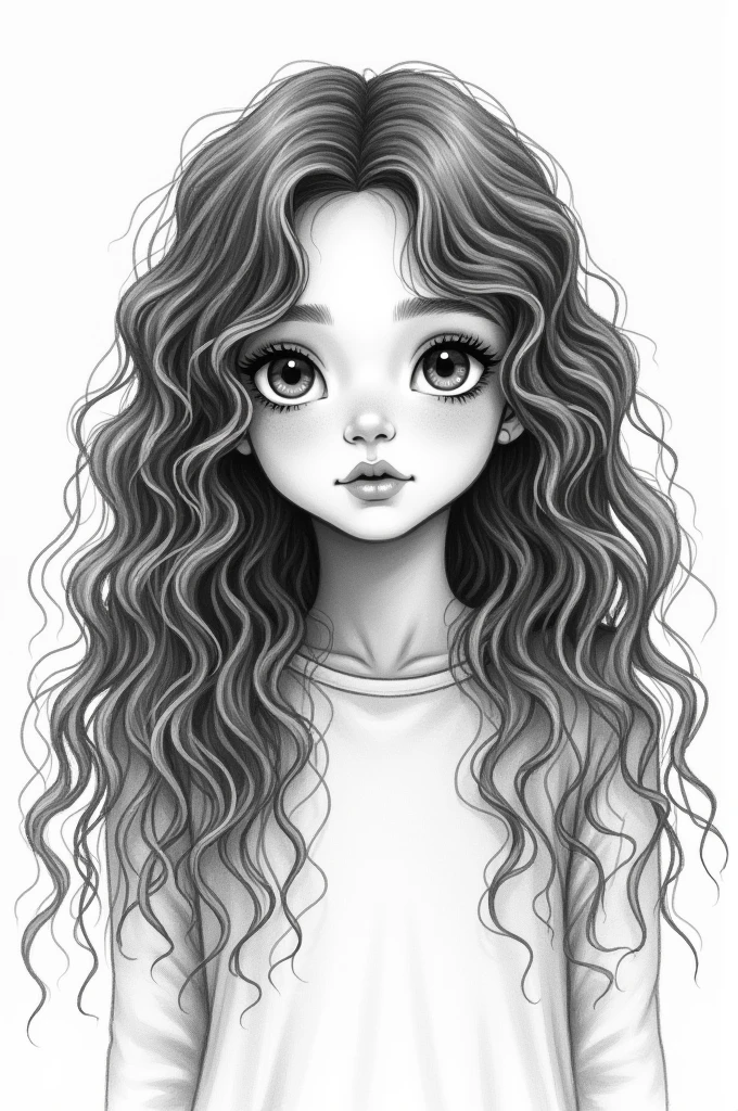 A black and white printable drawing of an 11-year-old girl with long, curly hair. 
