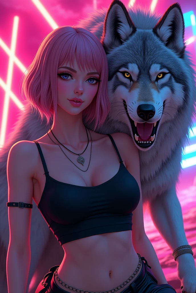 Chilling with a fierce friend 😎🖤✨ Detailed ink and neon vibes, this duo is pure badassery! 🐺🔥

Prompt: Create an 8k, hyper realistic, airbrush glossy GTA V anime poster style image of a beautiful woman with a soft sexy smile , sitting beside a large, snarling wolf with intricate fur details. She is wearing modern casual clothing with a sleeveless black top and accessories like bracelets and a necklace. The background should have vibrant neon glowing abstract geometric shapes to add to the composition's dynamic feel. Short hair pink name Aa 
