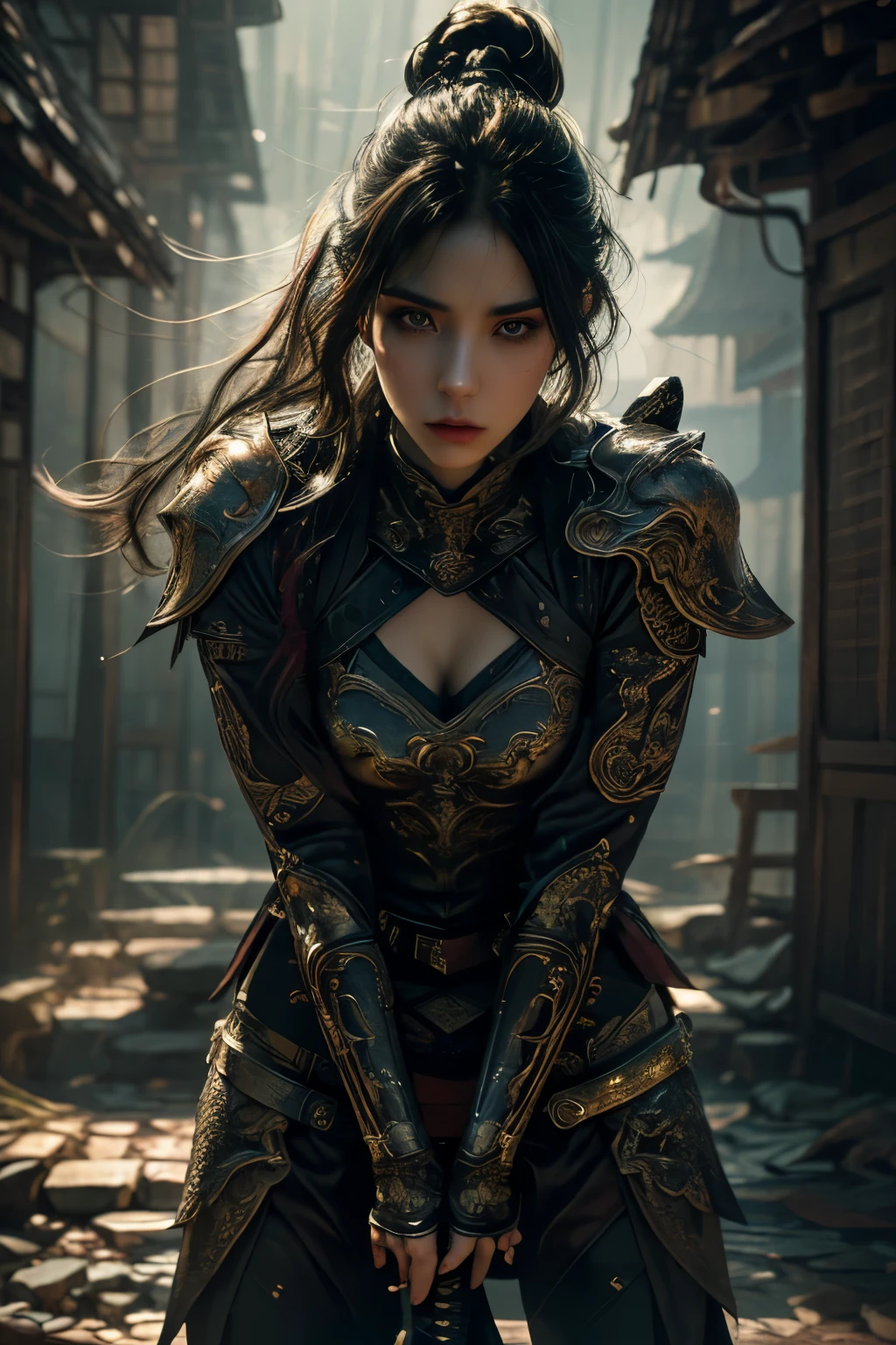 a beautiful detailed girl,1 girl,holding a katana sword,standing alone,dramatic lighting,cinematic composition,intricate detailed armor,highly detailed facial features,beautiful detailed eyes,beautiful detailed lips,extremely detailed eyes and face,long eyelashes,photorealistic,8k,hyper detailed,digital painting,fantasy art,dramatic colors,moody lighting,chiaroscuro