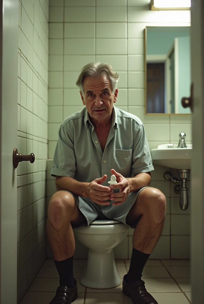 Guy sitting on toilet holding a tampon
