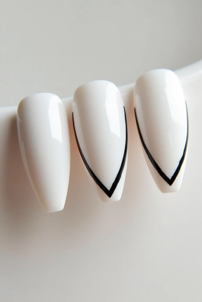 White Gel Nails, 1cm Long, Squoval, decentered black decorative lacquer edging
