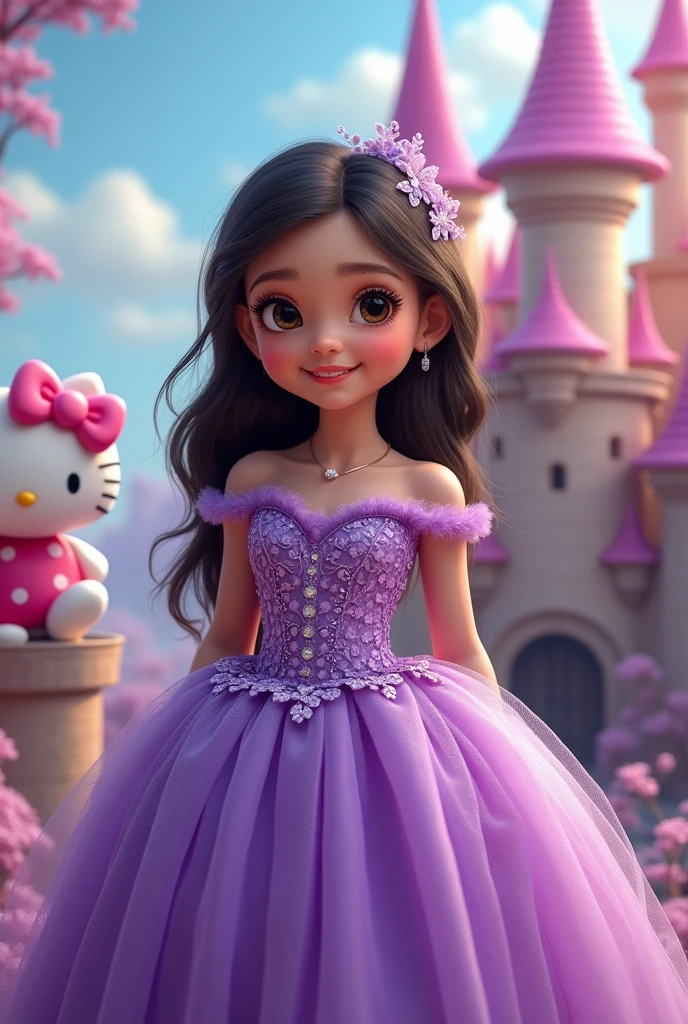 Real pinay girl age 7 yearsold wearing purple gown with back ground hello kitty and castle