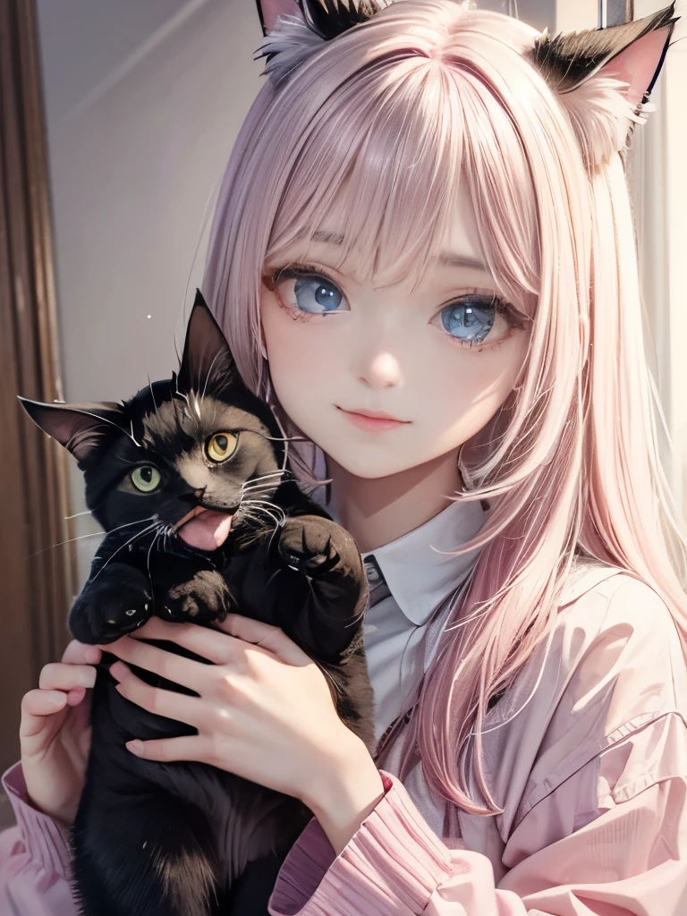 Girl with cat, Black cat, Pink hair Blue eyes, Avatar
