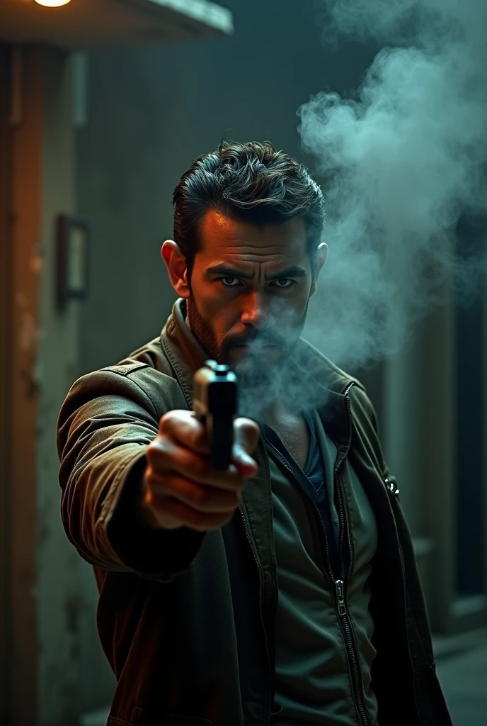A mexican man with pistol in his hand blowing smoke