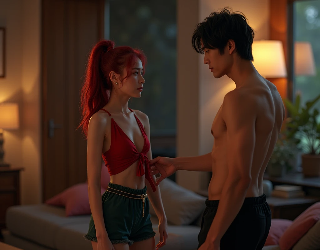 170 cm tall, 24-year-old woman with very pale skin, vibrant maroon wavy medium-length layered hair, parted to the side in a high ponytail, fit figure, sapphire flowy top, dark green suede shorts, black belt around waist and red high heel wedge sandals with a tentative expression. Behind her, reaching towards her is a 190 cm tall, 27-year-old lithe figured attractive man with a black wavy bowl cut hair, shirtless, Chinese-Korean-Japanese features, wearing black pajama pants, intrigued expression, inside dark toned bachelor pad living room. Photorealistic, cinematic.