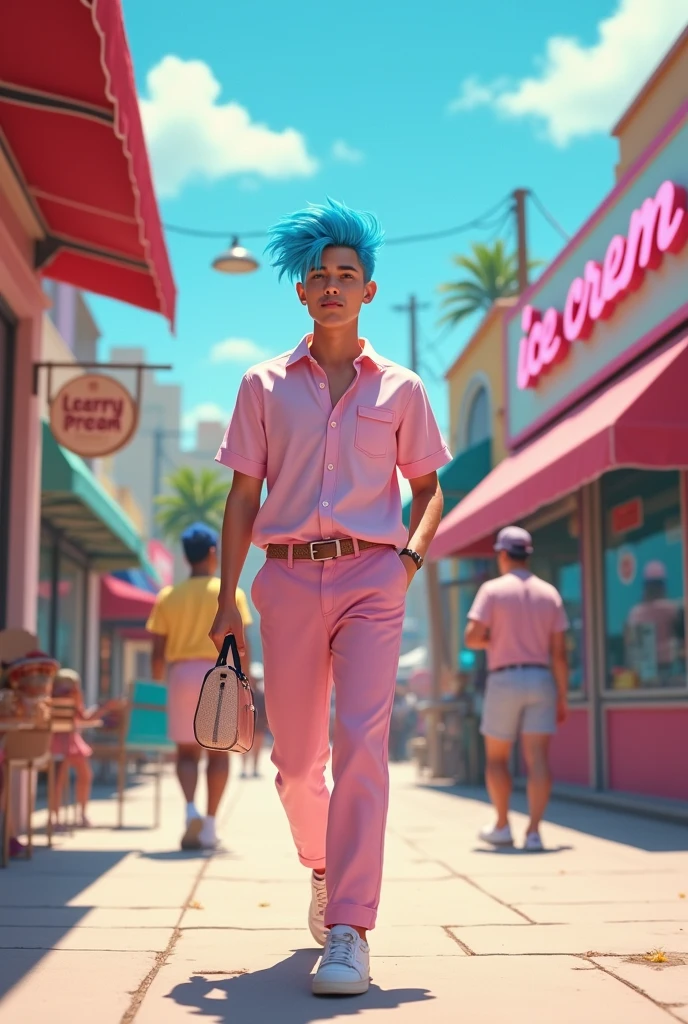 make a man with blue hair(remembering that he wears pink clothes), he was going to an ice cream parlor