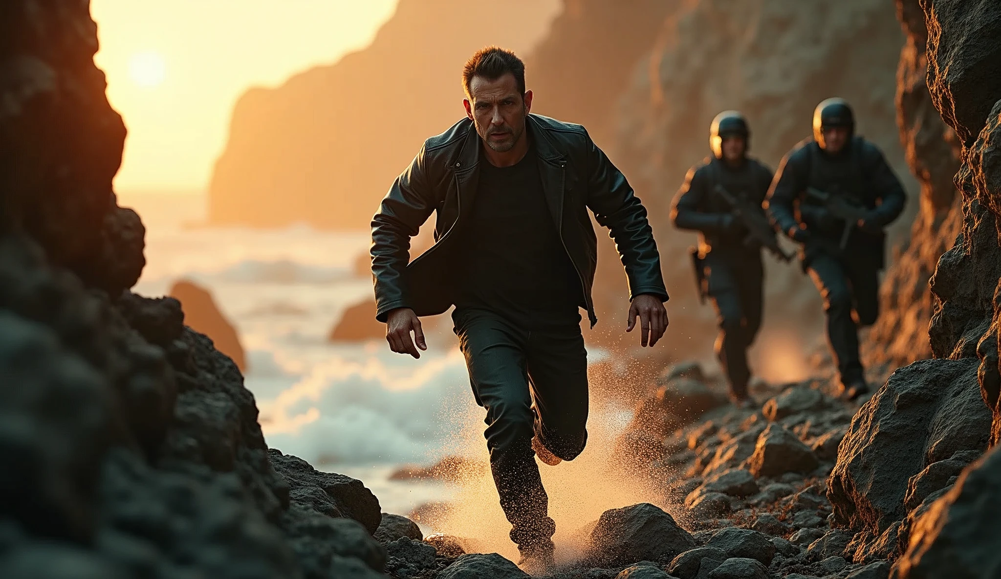 visuals: The scene opens with a breathtaking wide shot of a cliffside at twilight, the sun setting behind jagged rocks. The protagonist, a rugged man in his mid-30s with a strong jawline, a weathered leather jacket, and intense green eyes, is sprinting along a narrow path with a sheer drop on one side. Behind him, a group of masked mercenaries in black tactical gear, each with distinctive helmets, chase him.
Action: The protagonist leaps over a gap between the cliffs as rocks crumble beneath his feet. The camera follows with a dramatic sweeping motion, capturing the perilous height and the adrenaline rush.
Prompt: "A hyperrealistic action scene of a rugged man in his mid-30s with a strong jawline, wearing a weathered leather jacket, sprinting along a narrow cliffside path at twilight. The jagged rocks tower around him, with a sheer drop to the ocean below. Behind him, masked mercenaries in black tactical gear chase him. The scene is set in a film noir atmosphere, with dramatic lighting highlighting the tension and danger. The sun is setting, casting a golden glow over the cliffs. High-quality details, including the texture of the rocks, the motion blur of the leap, and the intense expressions, are essential."