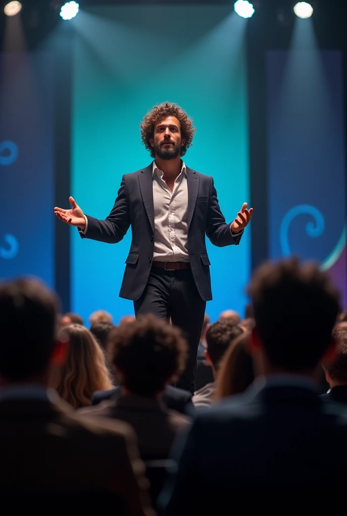 Curly haired man with big shoulders speaks on stage 
Motivational speaker