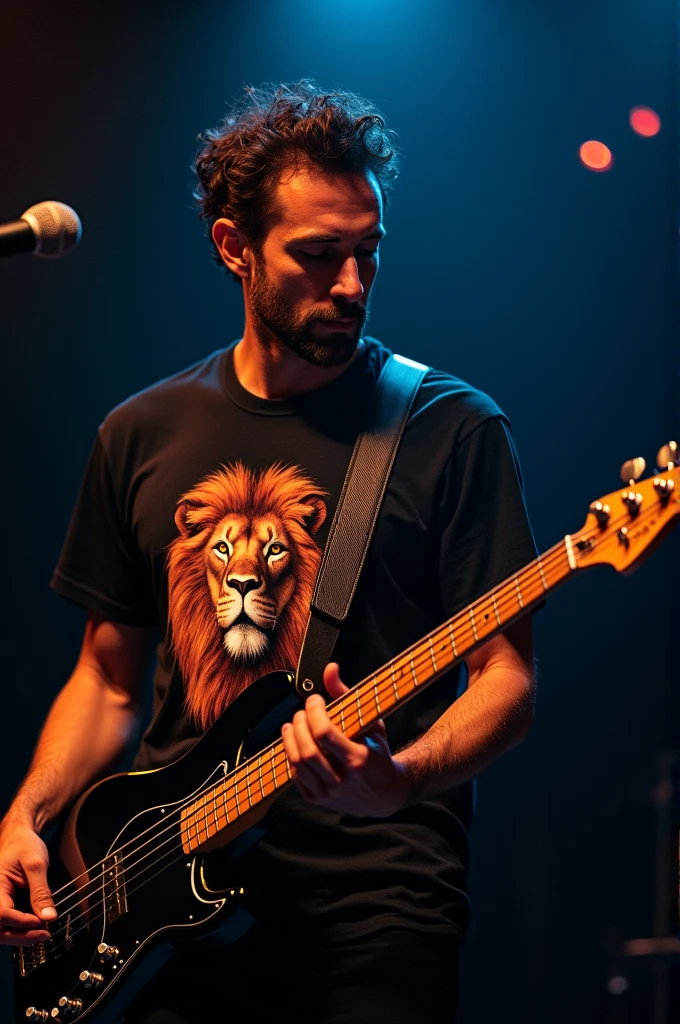 A Man Playing Bass Guitar Wearing a Black Shirt with a Lion Print 