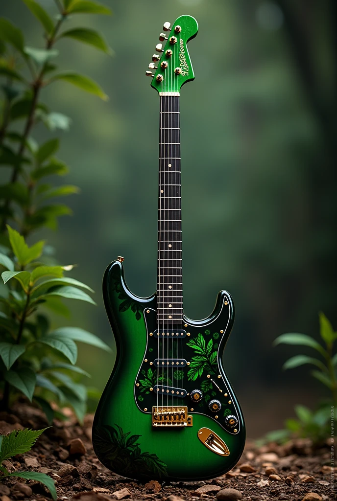 Green Strat guitar, black neck, green headstock, body with leaf pattern.