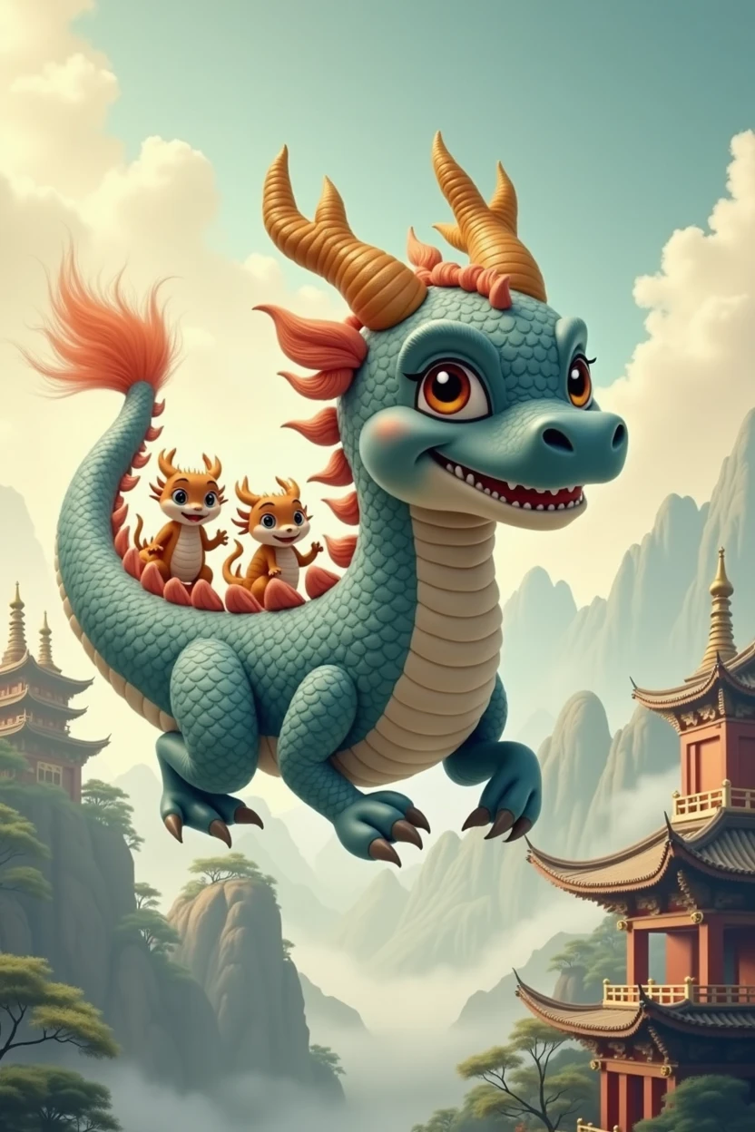 A gray Chinese dragon,huge,cute style,Warm expression,fly,with a few small dragons on its back,cute style,Chinese style in the background,Don't need wings