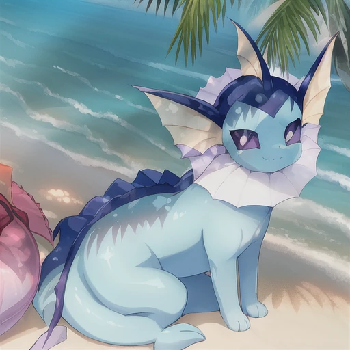 From author: dagasi, vaporeon, feral, sfw, detailed, masterpiece, purple sclera, white eyes, sitting on the seashore, basking in the sun, fresh air, beach, clear sky