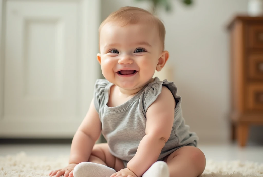 a cute baby smiling eye to ear sitting on the floor