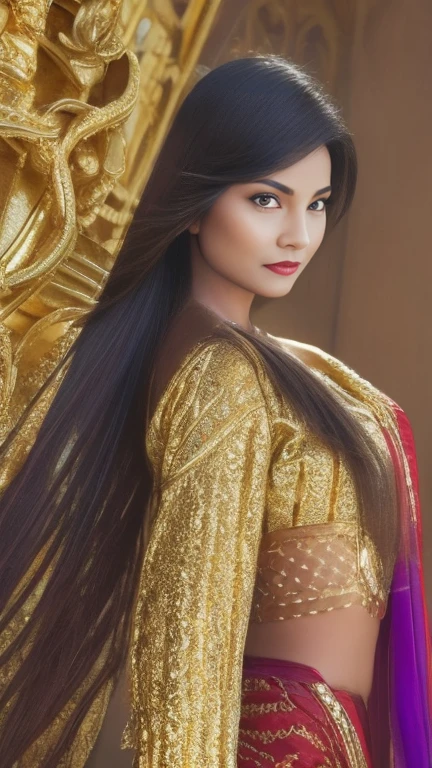 （1 girl）， full bodyesbian，Saint Seiya Armor， Wearing the golden armor of an Aries，sexy armor， Detailed armor pattern，Bling armor，Gorgeous Hair in Long Purple，Long hair，Shiny skin:1.4，primitive，tmasterpiece，ultra fine photos，，best qualtiy，Ultra-high resolution，Photoreality，rays of sunshine，full-body portraits，stunningly beautiful，dynamicposes，delicated face，Vibrant eyes，（seen from the side），Red and gold color scheme，Very detailed stone temple background，detailed face with，Detailed and complex busy background，untidy，opulent，Highly detailed skin，Realistic details of skin，Visible Pore，tack sharp focus，volume fog，8K  UHD，digital SLR camera，high qulity，filmgrain，White skin of the，photo-realism，DL， look from down, semi transparent