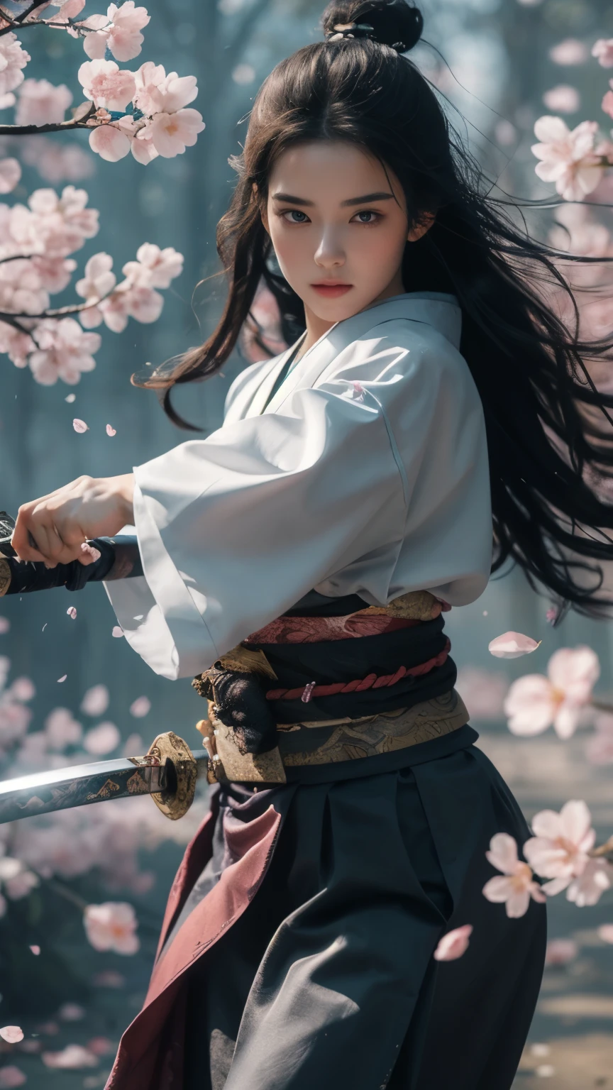 刀cherry blossoms,One Girl Solo,from the front, arms,Long black hair, She put a beautiful hairpin in her hair..,sword,petal,cherry blossoms,Long Hair,Wear a traditional kimono from Japan, hair ornaments,View your audience,Holding a long sword in both hands,Fighting pose with sword, Outdoor,最high quality,masterpiece,shape,Very delicate and beautiful,CG,Unity,8k wallpaper,wonderful,In detail,masterpiece,Official Art,Very detailed CG Unity 8k wallpaper,Unbelievably absurd,Large file size,Very detailed,High resolution,Very detailed,Beautiful detailed,Realistic,(masterpiece, 最high quality, high quality, High resolution, Very detailed),With a beautiful sea as a background